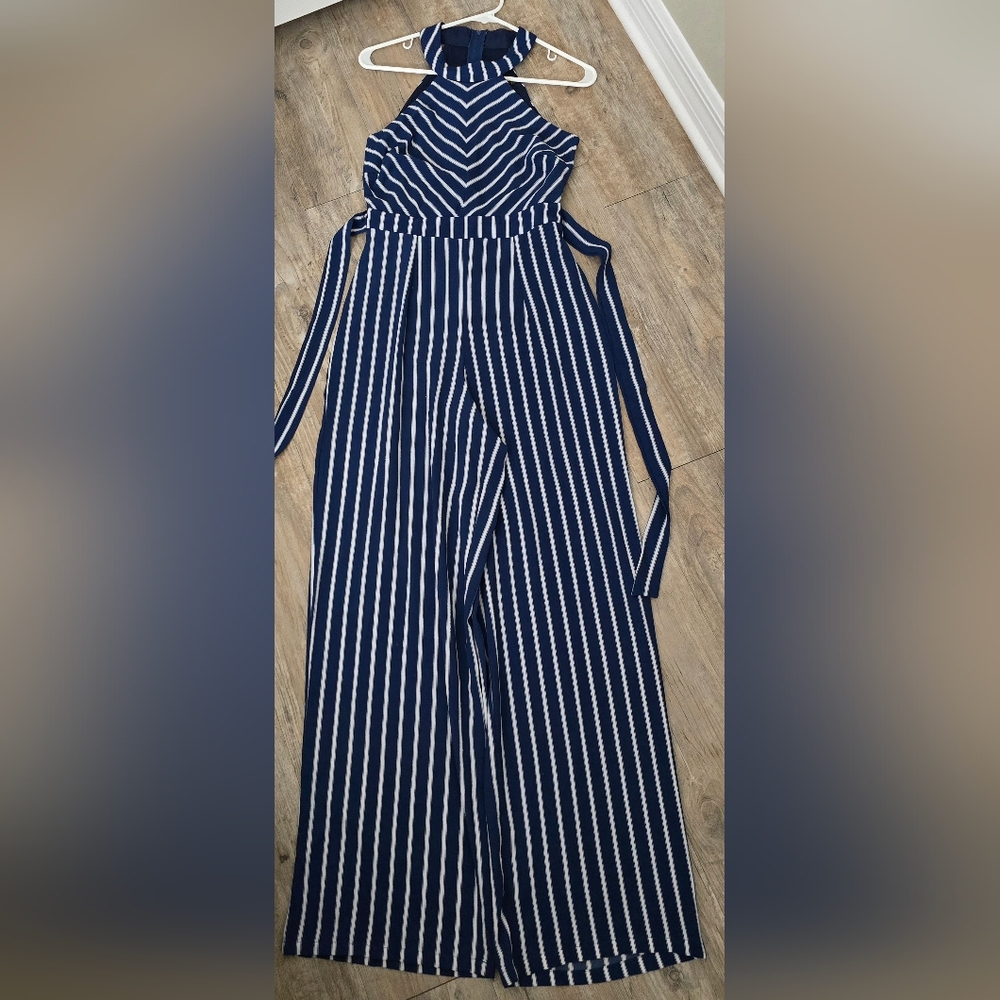 Crystal Sky Women's Sleeveless Striped Navy and White Jumpsuit - Size 3